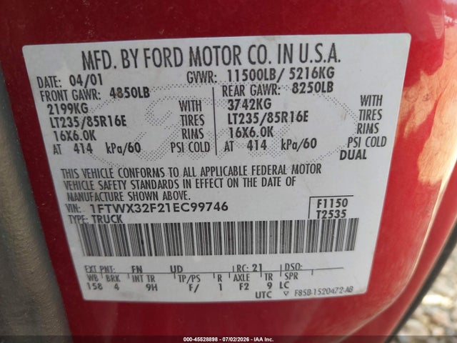 45528898 :رقم المزاد ، 1FTWX32F21EC99746 vin ، 2001 Ford F-350 Lariat/xl/xlt مزاد بيع
