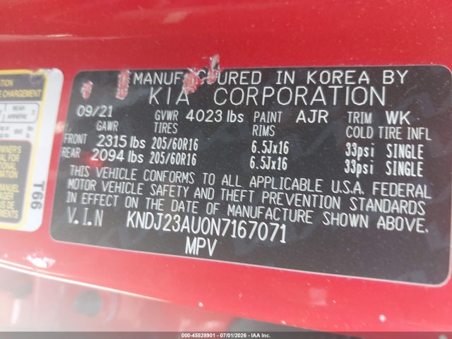 Auction sale of the 2022 Kia Soul Lx, vin: KNDJ23AU0N7167071, lot number: 45528901
