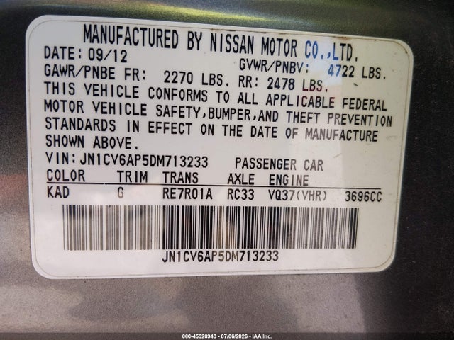 2013 Infiniti G37 Journey მანქანა იყიდება აუქციონზე, vin: JN1CV6AP5DM713233, აუქციონის ნომერი: 45528943