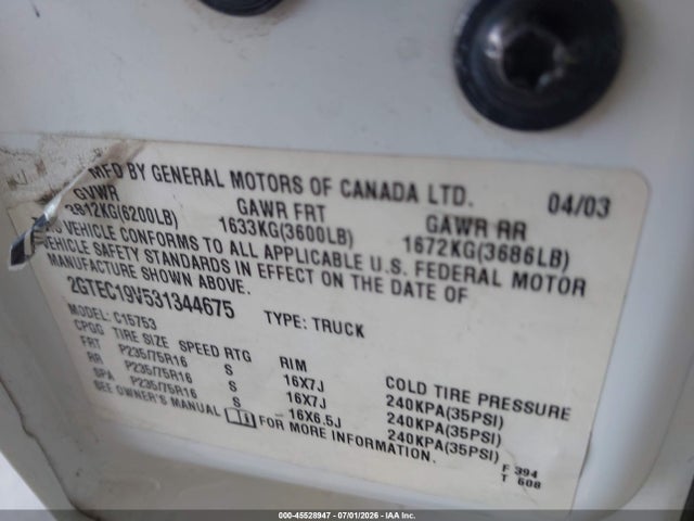 2003 Gmc Sierra 1500 Sle მანქანა იყიდება აუქციონზე, vin: 2GTEC19V531344675, აუქციონის ნომერი: 45528947