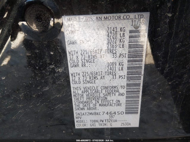 2019 Nissan Rogue S მანქანა იყიდება აუქციონზე, vin: 5N1AT2MV8KC746450, აუქციონის ნომერი: 45528972