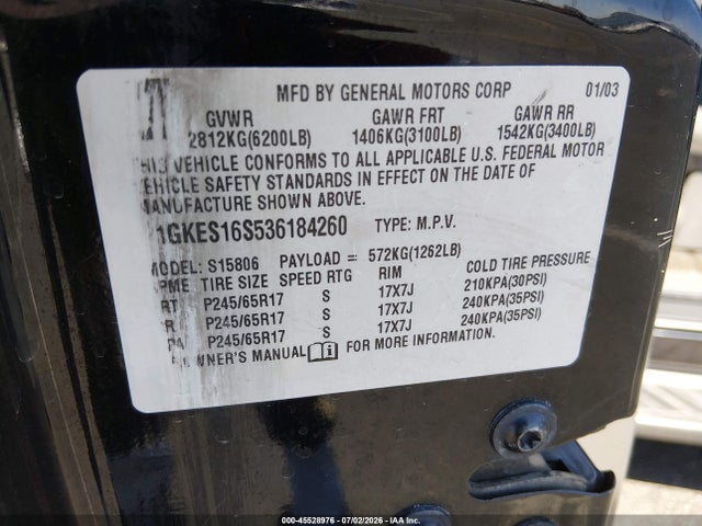 2003 Gmc Envoy Xl Sle მანქანა იყიდება აუქციონზე, vin: 1GKES16S536184260, აუქციონის ნომერი: 45528976