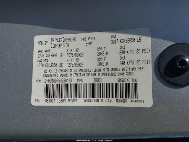 45528982 :رقم المزاد ، 1D7HU18D75J520403 vin ، 2005 Dodge Ram 1500 Slt/laramie مزاد بيع