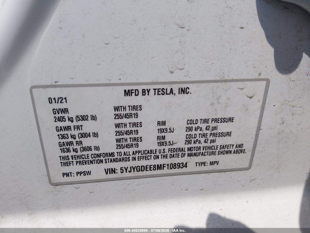 Продажа на аукционе авто 2021 Tesla Model Y Long Range Dual Motor All-wheel Drive, vin: 5YJYGDEE8MF108934, номер лота: 45528989