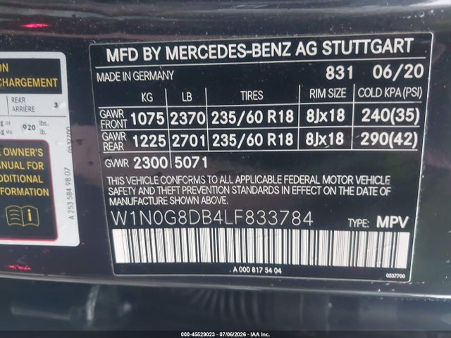 Aukcja sprzedaży 2020 Mercedes-benz Glc 300, vin: W1N0G8DB4LF833784, numer aukcji: 45529023