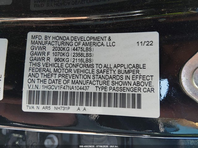 Aukcja sprzedaży 2022 Honda Accord Sport Special Edition, vin: 1HGCV1F47NA104437, numer aukcji: 45529035