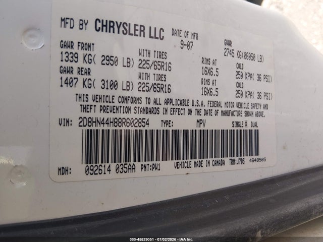 45529051 :رقم المزاد ، 2D8HN44H88R602854 vin ، 2008 Dodge Grand Caravan Se مزاد بيع