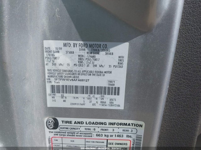 Auction sale of the 2010 Ford F-150 Fx4/harley-davidson/king Ranch/lariat/platinum/xl/xlt, vin: 1FTFW1EV8AFA68127, lot number: 45529060