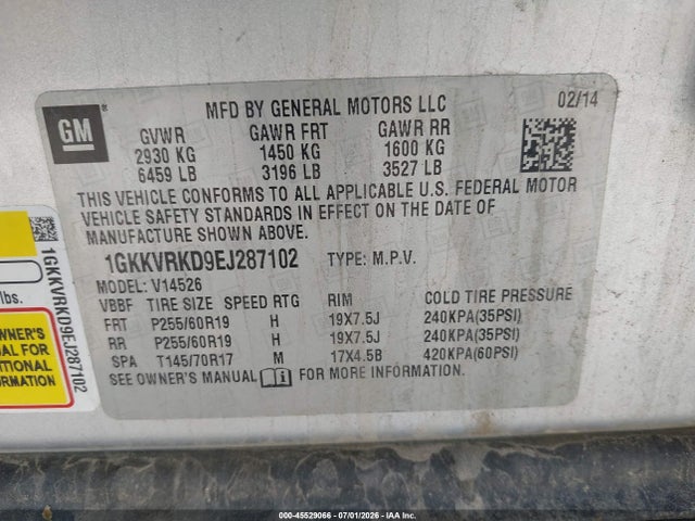 Продажа на аукционе авто 2014 Gmc Acadia Slt-1, vin: 1GKKVRKD9EJ287102, номер лота: 45529066