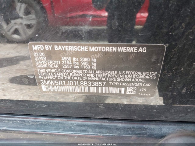 45529074 :رقم المزاد ، 3MW5R1J01L8B33857 vin ، 2020 Bmw 330i مزاد بيع