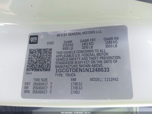 Продажа на аукционе авто 2022 Chevrolet Colorado 4wd  Short Box Z71, vin: 1GCGTDEN1N1248633, номер лота: 45529080