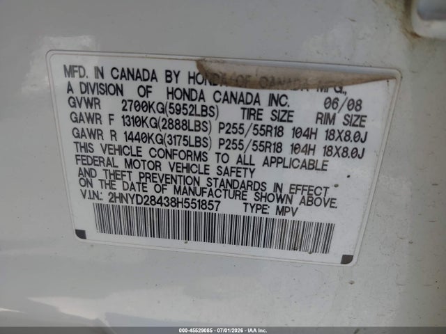 Продажа на аукционе авто 2008 Acura Mdx Technology Package, vin: 2HNYD28438H551857, номер лота: 45529085