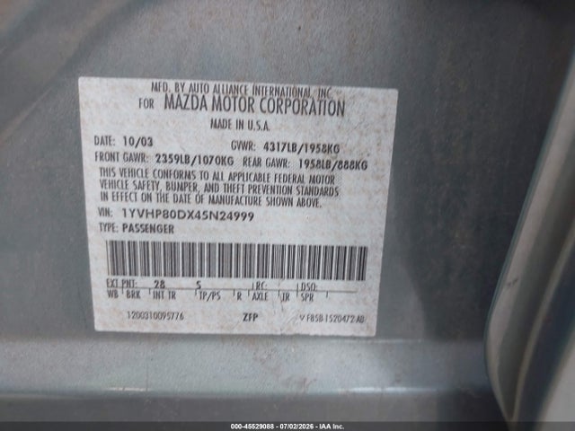 45529088 :رقم المزاد ، 1YVHP80DX45N24999 vin ، 2004 Mazda Mazda6 S مزاد بيع