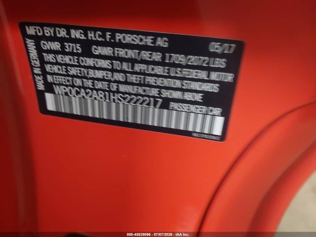 Продаж на аукціоні авто 2017 Porsche 718 Boxster, vin: WP0CA2A81HS222217, номер лоту: 45529096