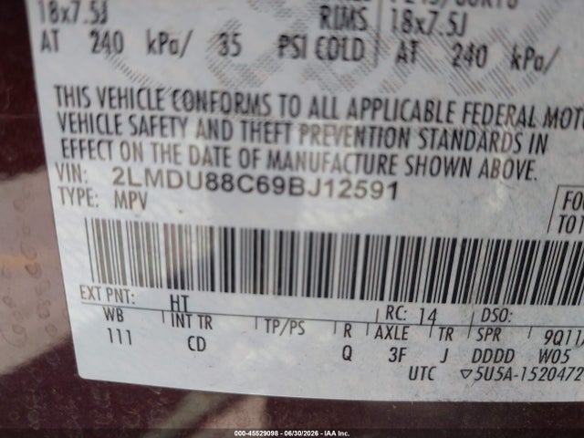 45529098 :رقم المزاد ، 2LMDU88C69BJ12591 vin ، 2009 Lincoln Mkx مزاد بيع