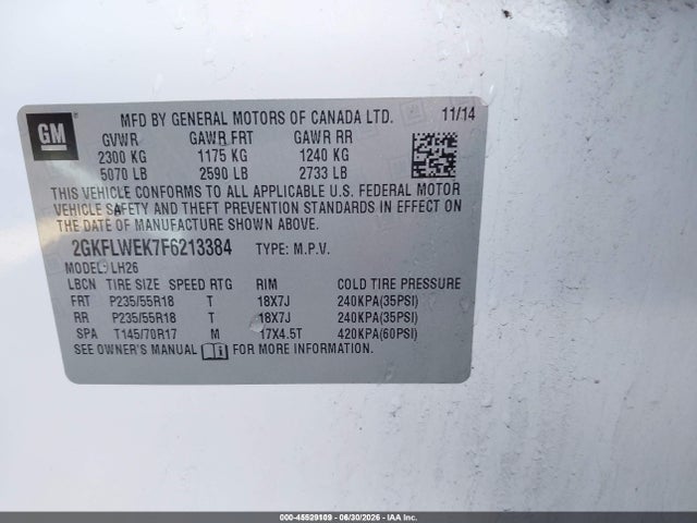 45529109 :رقم المزاد ، 2GKFLWEK7F6213384 vin ، 2015 Gmc Terrain Sle-2 مزاد بيع
