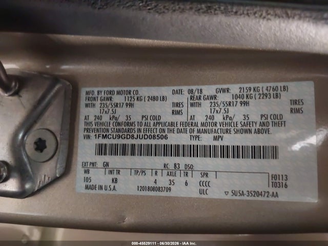 Ford ESCAPE SE 2018 1FMCU9GD8JUD08506 Image 9