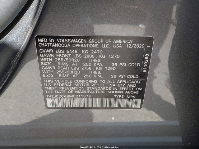 Продажа на аукционе авто 2021 Volkswagen Atlas Cross Sport 2.0t Se W/technology, vin: 1V2JC2CA8MC211378, номер лота: 45529122