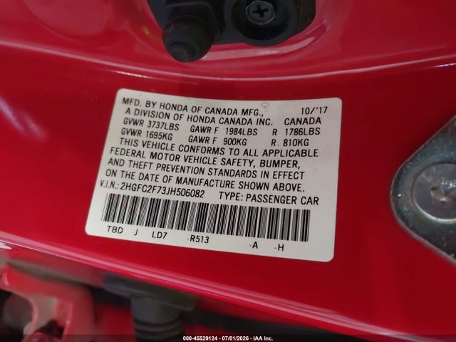 Aukcja sprzedaży 2018 Honda Civic Ex, vin: 2HGFC2F73JH506082, numer aukcji: 45529124