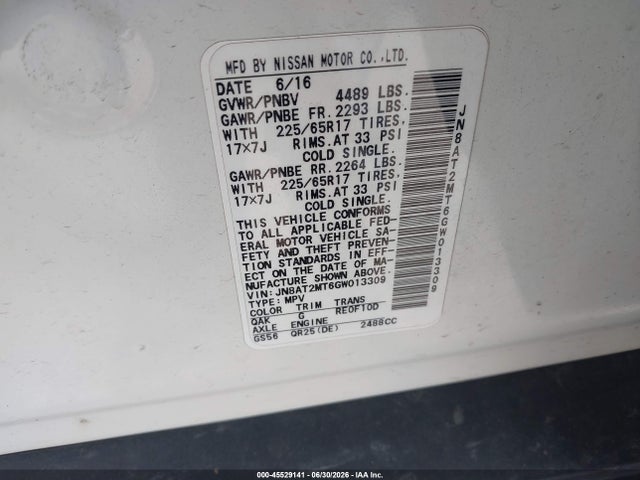 Auction sale of the 2016 Nissan Rogue S, vin: JN8AT2MT6GW013309, lot number: 45529141