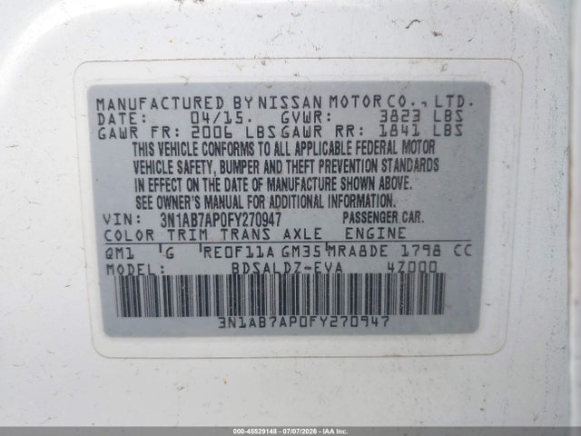 45529148 :رقم المزاد ، 3N1AB7AP0FY270947 vin ، 2015 Nissan Sentra Fe+ S/s/sl/sr/sv مزاد بيع