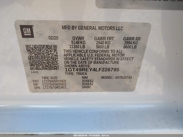 Aukcja sprzedaży 2020 Gmc Sierra 2500hd 4wd  Standard Bed Denali, vin: 1GT49REY4LF226795, numer aukcji: 45529149