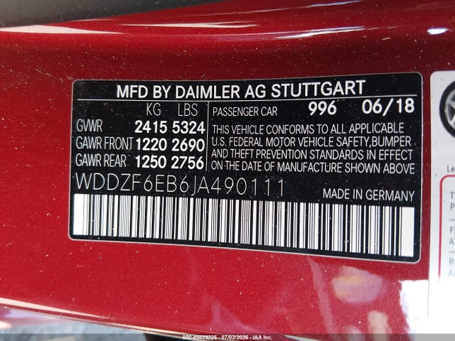 Aukcja sprzedaży 2018 Mercedes-benz Amg E 43 4matic, vin: WDDZF6EB6JA490111, numer aukcji: 45529225