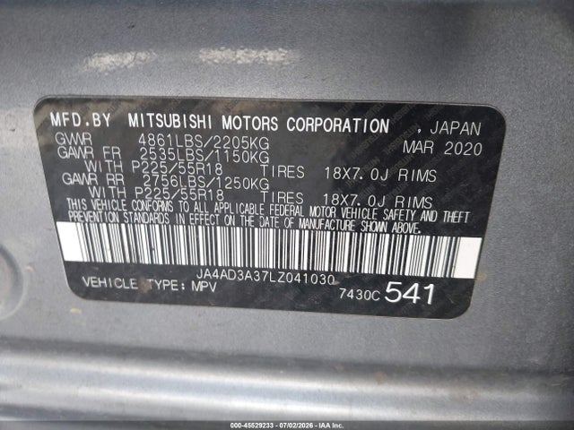JA4AD3A37LZ041030 Mitsubishi Outlander Le 2.4/se 2.4/sel 2.4/sp 2.4