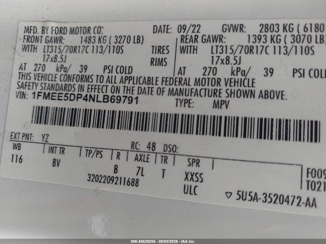 45529255 :رقم المزاد ، 1FMEE5DP4NLB69791 vin ، 2022 Ford Bronco Badlands مزاد بيع