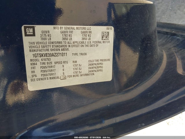 45529260 :رقم المزاد ، 1GTSKVE39AZ271011 vin ، 2010 Gmc Sierra 1500 Sle مزاد بيع
