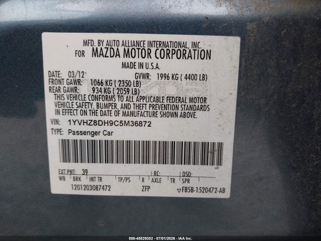 45529302 :رقم المزاد ، 1YVHZ8DH9C5M36872 vin ، 2012 Mazda Mazda6 I Touring مزاد بيع