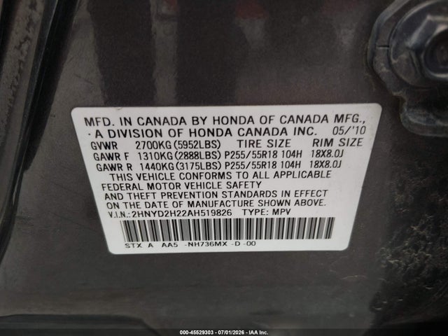 Продаж на аукціоні авто 2010 Acura Mdx, vin: 2HNYD2H22AH519826, номер лоту: 45529303
