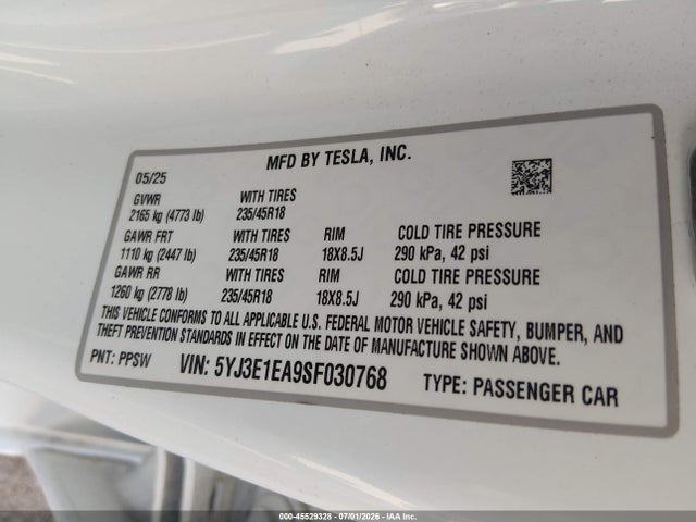 5YJ3E1EA9SF030768 Tesla Model 3 Long Range Rear-wheel Drive/standard Rear-wheel Drive