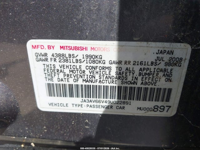 Aukcja sprzedaży 2009 Mitsubishi Lancer Ralliart, vin: JA3AV66V49U022891, numer aukcji: 45529335