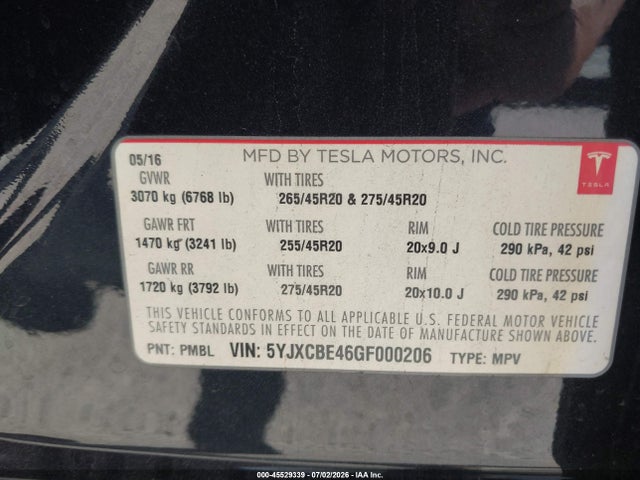 Tesla Model X 75d/p100d/p90d 2016 5YJXCBE46GF000206 Image 9