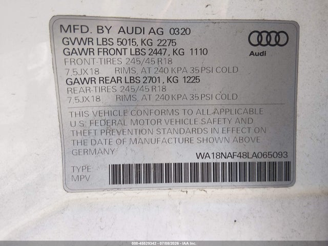 Aukcja sprzedaży 2020 Audi A4 Allroad Premium Plus 45 Tfsi Quattro S Tronic, vin: WA18NAF48LA065093, numer aukcji: 45529342
