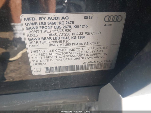 45529343 :رقم المزاد ، WA1BNAFY2J2234475 vin ، 2018 Audi Q5 2.0t Premium/2.0t Tech Premium مزاد بيع