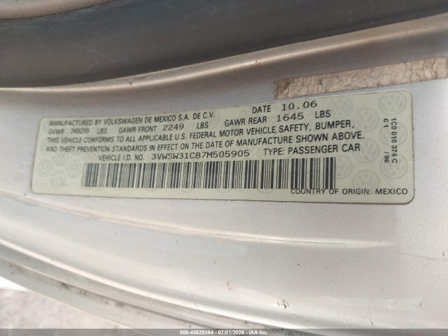 Aukcja sprzedaży 2007 Volkswagen New Beetle Coupe 2.5 (a6), vin: 3VWSW31C87M505905, numer aukcji: 45529364