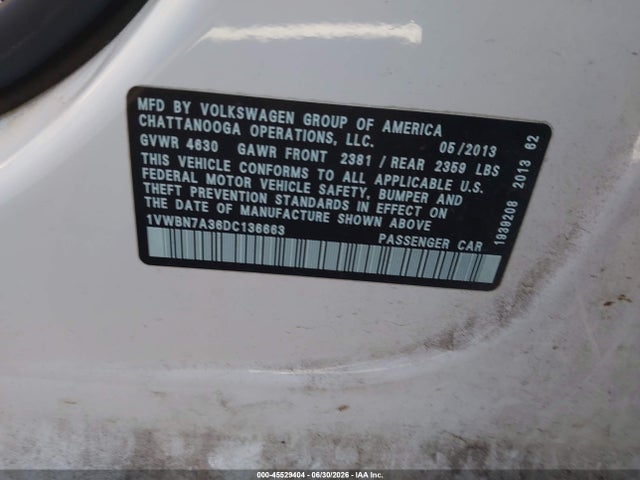 Продажа на аукционе авто 2013 Volkswagen Passat 2.0l Tdi Se, vin: 1VWBN7A36DC136663, номер лота: 45529404
