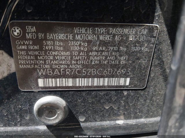 Aukcja sprzedaży 2011 Bmw 535i, vin: WBAFR7C52BC607693, numer aukcji: 45529406