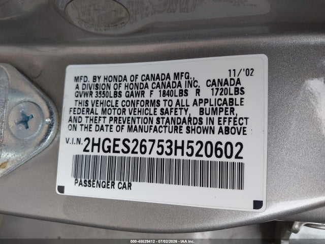 45529412 :رقم المزاد ، 2HGES26753H520602 vin ، 2003 Honda Civic Ex مزاد بيع