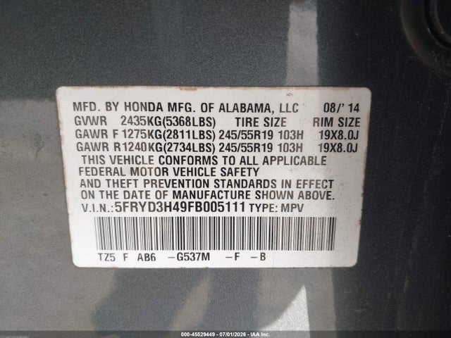 Aukcja sprzedaży 2015 Acura Mdx Technology Package, vin: 5FRYD3H49FB005111, numer aukcji: 45529449