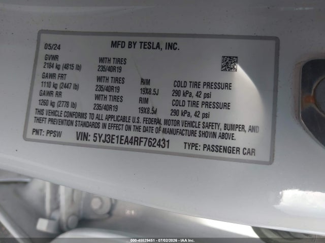 5YJ3E1EA4RF762431 Tesla Model 3 Long Range Dual Motor All-wheel Drive/rear-wheel Drive