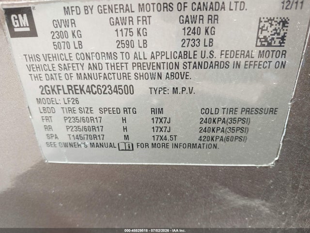 2012 Gmc Terrain Sle-1 მანქანა იყიდება აუქციონზე, vin: 2GKFLREK4C6234500, აუქციონის ნომერი: 45529518