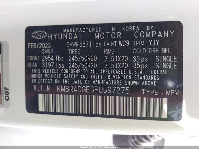 Auction sale of the 2023 Hyundai Palisade Sel, vin: KM8R4DGE3PU597275, lot number: 45529523