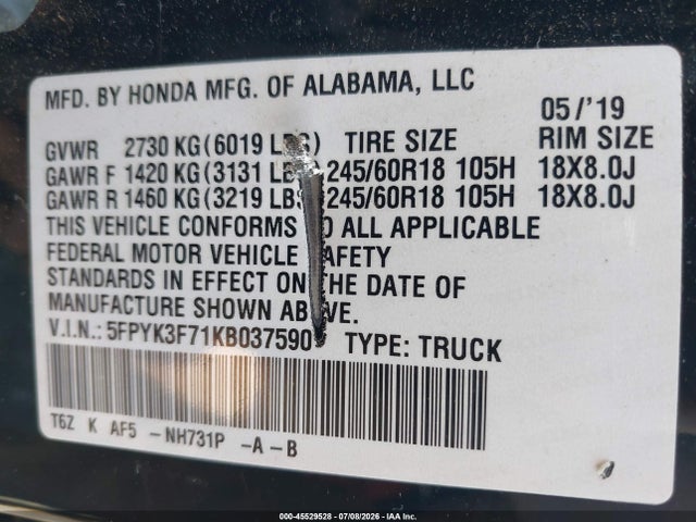 Продажа на аукционе авто 2019 Honda Ridgeline Rtl-e, vin: 5FPYK3F71KB037590, номер лота: 45529528