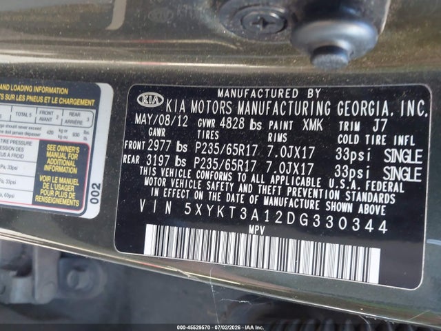 Aukcja sprzedaży 2013 Kia Sorento Lx, vin: 5XYKT3A12DG330344, numer aukcji: 45529570