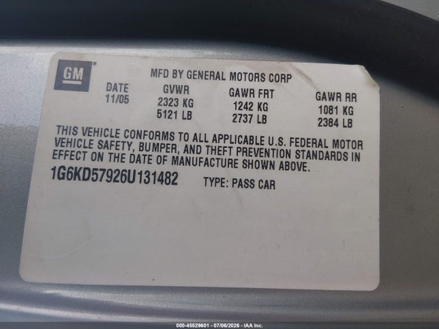 Продажа на аукционе авто 2006 Cadillac Dts 1se, vin: 1G6KD57926U131482, номер лота: 45529601