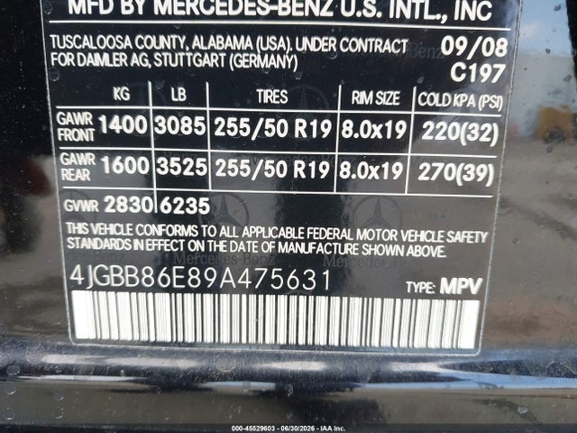 Aukcja sprzedaży 2009 Mercedes-benz Ml 350 4matic, vin: 4JGBB86E89A475631, numer aukcji: 45529603