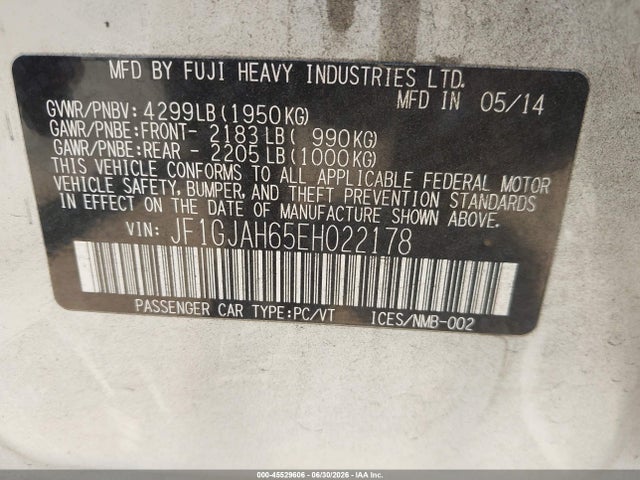 Aukcja sprzedaży 2014 Subaru Impreza 2.0i Limited, vin: JF1GJAH65EH022178, numer aukcji: 45529606